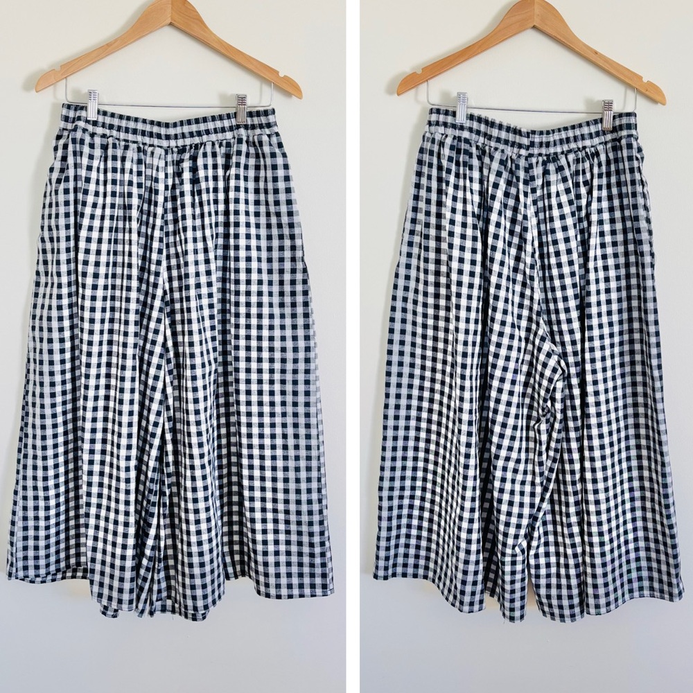 NWT Chou Yatou Navy & White Gingham Wide-Leg Pants